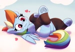 Size: 1200x839 | Tagged: safe, artist:pabbley, rainbow dash, pegasus, pony, butt, clothes, cloud, cute, dashabetes, dock, featureless crotch, female, floating heart, frog (hoof), heart, leg warmers, lying down, mare, on a cloud, on back, plot, rainbutt dash, solo, spread wings, stockings, tail, thigh highs, underhoof, wings