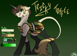 Size: 5650x4093 | Tagged: safe, oc, oc only, oc:tricky toffee, coffee pony, pony, unicorn, camouflage, clothes, fangs, female, gradient background, mare, reference sheet, skirt, socks, solo, thigh highs