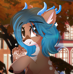 Size: 2450x2509 | Tagged: safe, artist:janelearts, oc, oc:alune, deer, deer pony, original species, autumn, bust, coffee, commission, deer oc, high res, looking at you, non-pony oc, portrait, smiling, smiling at you, solo, tree, ych result