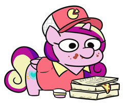 Size: 746x616 | Tagged: safe, artist:jargon scott, princess cadance, alicorn, pony, g4, cadance's pizza delivery, cap, female, food, hat, mare, meat, peetzer, pepperoni, pepperoni pizza, pizza, pizza box, simple background, solo, squatpony, that pony sure does love pizza, white background