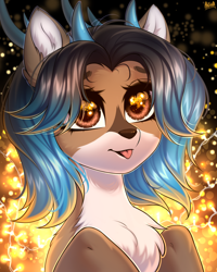 Size: 2000x2500 | Tagged: safe, artist:hakaina, oc, oc only, oc:alune, deer, deer pony, original species, bust, cute, deer oc, high res, lights, non-pony oc, portrait, solo, tongue out