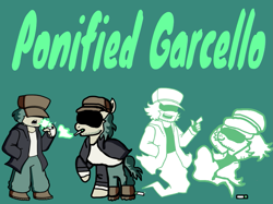 Size: 1117x836 | Tagged: safe, artist:joelleart13, earth pony, ghost, ghost pony, human, pony, undead, beard, clothes, crossover, facial hair, friday night funkin', garcello, gloves, hat, male, pants, ponified, shoes, smoke, smoking, stallion, sweater, text