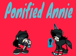 Size: 1118x834 | Tagged: safe, artist:joelleart13, human, pony, unicorn, annie (friday night funkin'), bottle, cat ears, clothes, crossover, fangs, female, friday night funkin', gloves, holding, horn, magic, mare, microphone, pants, ponified, red background, shirt, shoes, simple background, text, unamused