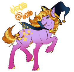 Size: 1818x1765 | Tagged: safe, artist:califrank, oc, earth pony, pony, g3, g5, butt, cloak, clothes, colored hooves, female, gold hooves, gradient mane, green eyes, hat, hooves, jewelry, mare, offspring, one eye closed, parent:abra-ca-dabra, parent:sunny starscout, plot, purple coat, short tail, simple background, solo, stars, tail, tail jewelry, transparent background, wink, witch, witch hat