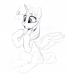 Size: 2001x2241 | Tagged: safe, artist:taneysha, twilight sparkle, alicorn, pony, g4, bandaid, bandaid on nose, chest fluff, eye clipping through hair, eyebrows, eyebrows visible through hair, female, high res, mare, monochrome, simple background, sitting, sketch, slender, solo, spread wings, thin, twilight sparkle (alicorn), uh oh, white background, wings