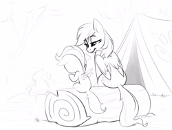 Size: 2900x2184 | Tagged: safe, artist:taneysha, rainbow dash, scootaloo, pegasus, pony, g4, blank flank, campfire, female, filly, foal, high res, log, mare, monochrome, simple background, sitting, sketch, spread wings, tent, tree, white background, wings