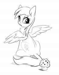 Size: 1284x1647 | Tagged: safe, artist:taneysha, derpy hooves, pegasus, pony, g4, food, monochrome, muffin, simple background, sketch, solo, white background