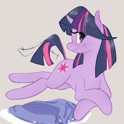 Size: 3000x3000 | Tagged: safe, artist:rirurirue, twilight sparkle, pony, unicorn, g4, aside glance, beige background, crossed hooves, female, high res, looking at you, lying down, mare, older, older twilight, prone, shawl, simple background, smiling, smiling at you, solo, sploot, tail, tail wag, unicorn twilight, wavy mouth