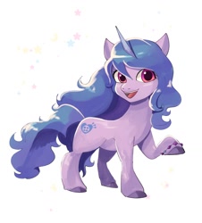 Size: 1176x1302 | Tagged: safe, artist:plusplus_pony, izzy moonbow, pony, unicorn, g5, female, looking at you, mare, open mouth, open smile, raised hoof, simple background, smiling, smiling at you, solo, sparkles, white background
