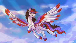 Size: 4200x2362 | Tagged: safe, artist:dimwitdog, oc, oc only, oc:phoenix, pegasus, pony, cloud, colored wings, explicit source, flying, multicolored hair, multicolored mane, multicolored wings, simple background, sky, solo, wings