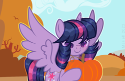 Size: 1900x1240 | Tagged: safe, artist:twilightbaby2020, twilight sparkle, alicorn, pony, g4, autumn, base used, female, hoof hold, mare, outline, pumpkin, solo, spread wings, twilight sparkle (alicorn), wings