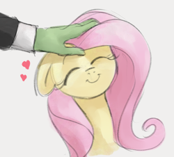 Size: 1026x929 | Tagged: safe, artist:dotkwa, fluttershy, oc, oc:anon, human, pegasus, pony, g4, bust, cute, disembodied hand, eyes closed, female, floating heart, floppy ears, gray background, hand, head pat, heart, human on pony petting, male, mare, offscreen character, pat, petting, shyabetes, simple background, smiling, solo focus
