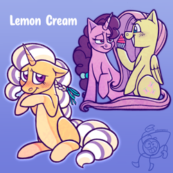 Size: 2048x2048 | Tagged: safe, artist:zigzarachi, fluttershy, sugar belle, oc, oc:lemon cream, pegasus, pony, unicorn, g4, blue background, blushing, cupcake, female, food, high res, lesbian, magical lesbian spawn, mare, offspring, parent:fluttershy, parent:sugar belle, parents:sugarshy, shipping, simple background, smiling, sugarshy