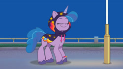 Size: 3072x1727 | Tagged: safe, screencap, izzy moonbow, pony, unicorn, g5, my little pony: tell your tale, sneaksy strikes again, spoiler:g5, spoiler:my little pony: tell your tale, spoiler:tyts01e34, animation error, clothes, eyes closed, female, high res, hoodie, mare, night, smiling, sneaksy, solo, youtube link