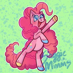 Size: 2048x2048 | Tagged: safe, artist:zigzarachi, pinkie pie, earth pony, pony, g4, abstract background, bipedal, colored hooves, female, freckles, greeting, high res, looking at you, mare, open mouth, open smile, raised hoof, smiling, solo