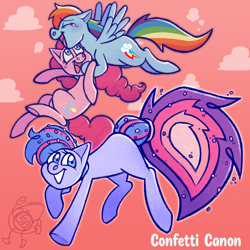 Size: 2048x2048 | Tagged: safe, artist:saggiemimms, pinkie pie, rainbow dash, oc, oc:confetti cannon, earth pony, pegasus, pony, g4, carrying, female, flying, grin, high res, lesbian, magical lesbian spawn, mare, offspring, parent:pinkie pie, parent:rainbow dash, parents:pinkiedash, ship:pinkiedash, shipping, smiling