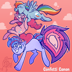 Size: 2048x2048 | Tagged: safe, artist:zigzarachi, pinkie pie, rainbow dash, oc, oc:confetti cannon, earth pony, pegasus, pony, g4, carrying, female, flying, grin, high res, lesbian, magical lesbian spawn, mare, offspring, parent:pinkie pie, parent:rainbow dash, parents:pinkiedash, ship:pinkiedash, shipping, smiling