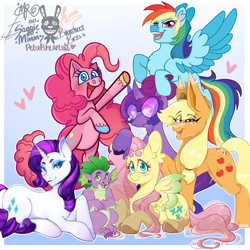 Size: 1600x1600 | Tagged: safe, artist:honeyofpeaches, artist:hunii_lotus, artist:mr.aftonz, artist:petaltheartist, artist:the.gay.tree.and.me, artist:vampiricworm, artist:zigzarachi, applejack, fluttershy, pinkie pie, rainbow dash, rarity, spike, twilight sparkle, earth pony, pegasus, pony, unicorn, g4, collaboration, mane seven, mane six, mane six opening poses