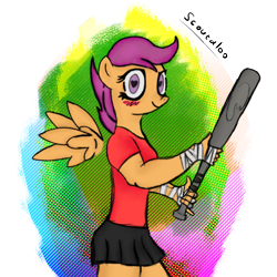 Size: 2160x2160 | Tagged: safe, artist:fizzlepopsunset, scootaloo, pegasus, anthro, g4, abstract background, baseball bat, clothes, high res, scout (tf2), simple background, skirt, skirtaloo, solo, team fortress 2, transparent background