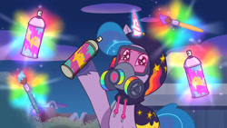 Size: 3072x1727 | Tagged: safe, screencap, izzy moonbow, pony, unicorn, g5, my little pony: tell your tale, sneaksy strikes again, spoiler:g5, spoiler:my little pony: tell your tale, spoiler:tyts01e34, clothes, female, gas mask, goggles, high res, hoodie, magic, mare, mask, night, sneaksy, solo, telekinesis, wingding eyes, youtube link
