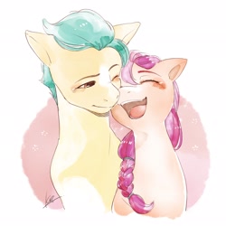 Size: 2048x2048 | Tagged: safe, artist:ku_rimo, hitch trailblazer, sunny starscout, earth pony, pony, g5, blushing, duo, eyes closed, female, happy, high res, male, mare, one eye closed, open mouth, open smile, ship:starblazer, shipping, smiling, stallion, straight