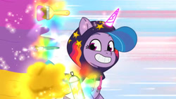 Size: 3072x1727 | Tagged: safe, screencap, izzy moonbow, pony, unicorn, g5, my little pony: tell your tale, sneaksy strikes again, spoiler:g5, spoiler:my little pony: tell your tale, spoiler:tyts01e34, clothes, female, grin, high res, hoodie, magic, mare, night, smiling, sneaksy, solo, telekinesis, youtube link