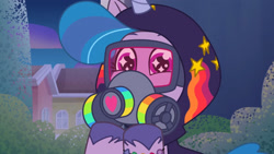 Size: 3072x1727 | Tagged: safe, screencap, izzy moonbow, pony, unicorn, g5, my little pony: tell your tale, sneaksy strikes again, spoiler:g5, spoiler:my little pony: tell your tale, spoiler:tyts01e34, clothes, female, gas mask, goggles, high res, hoodie, mare, mask, night, sneaksy, solo, starry eyes, wingding eyes, youtube link