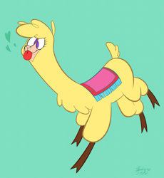 Size: 969x1055 | Tagged: safe, artist:xtremersadiq, paprika (tfh), alpaca, them's fightin' herds, :p, cloven hooves, community related, female, floating heart, green background, heart, signature, silly, silly face, simple background, solo, tongue out