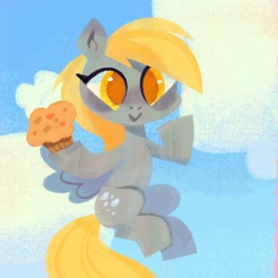Size: 2236x2236 | Tagged: safe, artist:shugrcube, derpy hooves, pegasus, pony, g4, cloud, female, food, high res, hoof hold, mare, muffin, smiling, solo