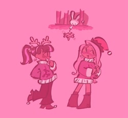 Size: 991x916 | Tagged: safe, artist:shugrcube, angel bunny, fluttershy, twilight sparkle, human, rabbit, g4, animal, blushing, boots, clothes, dark skin, fake antlers, female, hat, humanized, lesbian, mistletoe, monochrome, open mouth, open smile, ship:twishy, shipping, shoes, smiling, sweater, trio