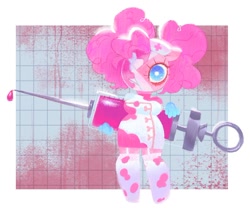 Size: 964x801 | Tagged: safe, artist:shugrcube, pinkie pie, earth pony, anthro, unguligrade anthro, g4, bandage, blood, clothes, costume, dress, female, garter belt, gloves, halloween, halloween costume, hat, holiday, looking at you, needle, nurse hat, nurse outfit, one eye covered, solo, stockings, syringe, thigh highs
