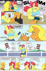 Size: 2012x3072 | Tagged: safe, artist:matchstickman, apple bloom, applejack, earth pony, anthro, matchstickman's apple brawn series, tumblr:where the apple blossoms, g4, apple bloom's bow, apple brawn, applejacked, arm wrestling, armpits, biceps, bow, breasts, busty apple bloom, busty applejack, clothes, comic, crowd, deltoids, dialogue, emanata, female, gritted teeth, hair bow, high res, mare, muscles, muscular female, older, older apple bloom, pecs, speech bubble, table, teeth, thighs, thunder thighs, tumblr comic