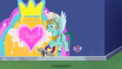 Size: 3072x1727 | Tagged: safe, screencap, thunder flap, pegasus, pony, g5, my little pony: tell your tale, sneaksy strikes again, spoiler:g5, spoiler:my little pony: tell your tale, spoiler:tyts01e34, flying, graffiti, high res, male, pegasus royal guard, royal guard, sawblade, smiling, solo, spread wings, stallion, wings, youtube link