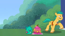 Size: 3072x1727 | Tagged: safe, screencap, hitch trailblazer, sparky sparkeroni, dragon, earth pony, pony, g5, my little pony: tell your tale, sneaksy strikes again, spoiler:g5, spoiler:my little pony: tell your tale, spoiler:tyts01e34, baby, baby dragon, cake, duo, duo male, eyes closed, food, high res, male, open mouth, open smile, running, smiling, stallion, youtube link