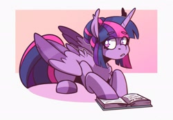 Size: 2048x1423 | Tagged: safe, artist:lrusu, twilight sparkle, alicorn, pony, g4, book, colored wings, eyebrows, eyebrows visible through hair, hair bun, solo, twilight sparkle (alicorn), two toned wings, wings