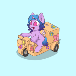 Size: 1668x1668 | Tagged: safe, artist:zeroonesunray, izzy moonbow, pony, unicorn, g5, blue background, cardboard, female, filly, foal, no pupils, scooter, simple background, sitting, smiling, solo, ych example, your character here