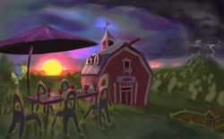 Size: 2423x1499 | Tagged: safe, artist:ciborgen, g4, balloon, barn, book, glass, implied pinkie pie, implied twilight sparkle, lightning, no pony, rainbow, scenery, sunset, sweet apple acres, thunderstorm