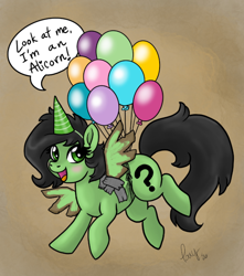 Size: 630x714 | Tagged: artist needed, safe, oc, oc only, oc:filly anon, earth pony, pony, balloon, blushing, fake alicorn, fake horn, fake wings, female, filly, floating, open mouth, open smile, smiling, solo, speech bubble, then watch her balloons lift her up to the sky