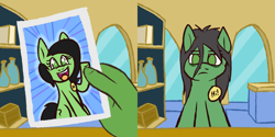 Size: 2048x1024 | Tagged: safe, artist:xppp1n, oc, oc only, oc:anon, oc:anon-mare, oc:filly anon, human, pony, 2 panel comic, comic, dead eyes, expectation vs reality, female, filly, green eyes, party pooper pants, photo, reference, spongebob reference, spongebob squarepants