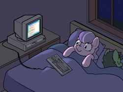 Size: 640x480 | Tagged: safe, artist:darkdoomer, diamond tiara, oc, oc:filly anon, earth pony, pony, g4, bed, computer, dark, desk, duo, female, filly, foal, ibm ps/2, keyboard, looking at something, monitor, night, sleeping, wide eyes, window