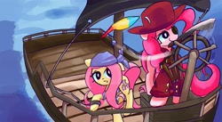 Size: 1821x1000 | Tagged: safe, artist:solid shrimp, fluttershy, pinkie pie, earth pony, pegasus, pony, g4, boat, clothes, coat, headband, pinktober, pirate, sailing, sword, water, weapon