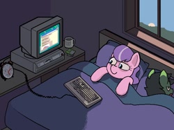 Size: 640x480 | Tagged: safe, artist:darkdoomer, diamond tiara, oc, oc only, oc:filly anon, pony, g4, alarm clock, clock, computer, cup, cute, duo, female, filly, floppy disk, ibm ps/2, keyboard, looking at something, monitor, morning, sleep deprivation