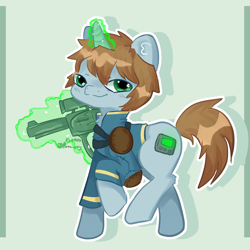 Size: 1280x1280 | Tagged: safe, oc, oc only, oc:littlepip, pony, unicorn, fallout equestria, drawing, female, glowing, glowing horn, green eyes, gun, hooves, horn, looking at you, magic, mare, raised hoof, simple background, smiling, smiling at you, solo, telekinesis, weapon
