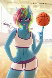 Size: 2480x3700 | Tagged: safe, artist:fenwaru, oc, oc only, unicorn, anthro, basketball, clothes, female, gymnasium, hand on hip, high res, not rainbow dash, shorts, solo, sports, sports bra, sports shorts