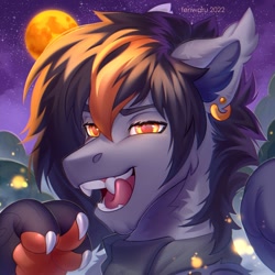 Size: 2000x2000 | Tagged: safe, artist:fenwaru, oc, oc only, pony, bust, claws, clothes, colored pupils, ear piercing, earring, fangs, high res, jewelry, moon, piercing, scarf, solo