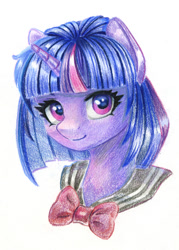 Size: 716x1000 | Tagged: safe, artist:maytee, twilight sparkle, pony, g4, alternate hairstyle, bust, clothes, colored pencil drawing, portrait, short hair, simple background, solo, traditional art, white background