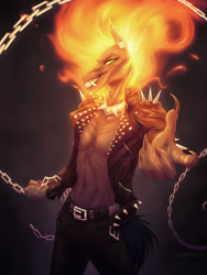 Size: 1500x2000 | Tagged: safe, artist:dementra369, oc, oc only, oc:ruby drop, anthro, chains, claws, clothes, collar, fire, ghost rider, grin, looking at you, mane of fire, rule 63, smiling, solo, spiked collar