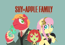 Size: 2740x1920 | Tagged: safe, alternate version, anonymous artist, big macintosh, fluttershy, oc, oc:late riser, earth pony, pegasus, pony, series:fm holidays, g4, alternate hairstyle, anime, anya forger, baby, baby pony, clothes, colt, cosplay, costume, crossdressing, crossplay, dress, family, female, foal, green background, katakana, knitting needles, lineless, loid forger, male, mare, necktie, no pupils, offspring, parent:big macintosh, parent:fluttershy, parents:fluttermac, school uniform, ship:fluttermac, shipping, simple background, spy x family, stallion, straight, suit, tape, text, trio, watergun, yor forger, yorshy