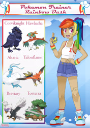 Size: 1920x2716 | Tagged: safe, artist:sk-ree, rainbow dash, altaria, braviary, corviknight, hawlucha, human, talonflame, torterra, g4, clothes, female, hisuian braviary, humanized, pokémon, pokémon team, pokémon trainer, solo