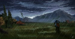 Size: 3600x1900 | Tagged: safe, artist:ami-gami, oc, oc only, human, fanfic:reset the clock, fanfic art, field, forest, mountain, rain, rock, scenery, scenery porn, solo, storm, tree